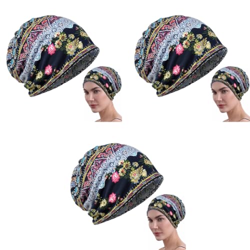PALAY® Beanie Cap for Women Floral Print Chemo Slouchy Hijab Turban Fashion Hip-Hop Skull Dwarf Hats Boho Soft Running Head Scarves Teen Girls All Season Use 3 PCS Blue