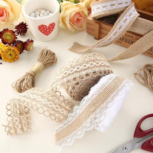 PALAY® 4 Rolls 13.12ft Jute Rope Burlap Ribbon Lace 32.8ft Hemp for Craft Gift Wrapping Event Wedding Decorations Packing Materials Natural Fabric Roll 2PCS