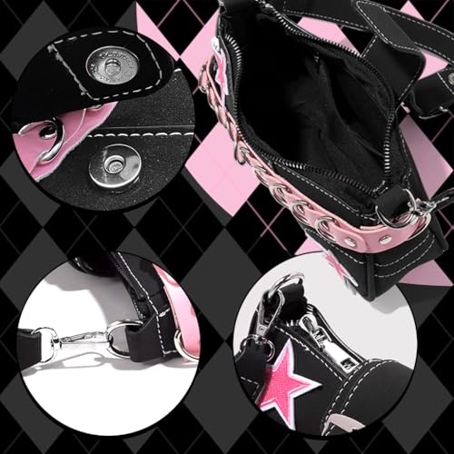 PALAY® Chic Shoulder Bag for Girls Canvas Handbag with Chain Charm Small Hobo Stylish Sweet Y2K Star Patchwork Letter Printed Casual Zipper 23x7x13cm 3PCS