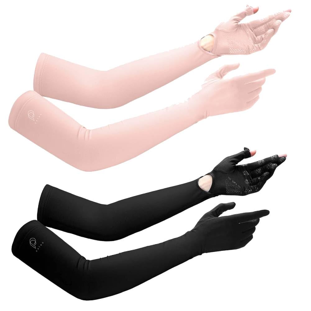 PALAY Hand Gloves for Sun Protection with Arm Sleeves featuring Cooling Nylon Ice Silk for Women | Black & Pink