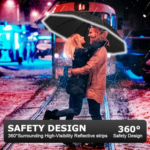 PALAY® 50 Inch Large Umbrella with Reflective Strip Auto 3-Fold Compact Travel Carabiner Handle Reinforced 10 Dual Ribs Sun Protection 99 UV Rain Windproof for Men Women Black 3PCS