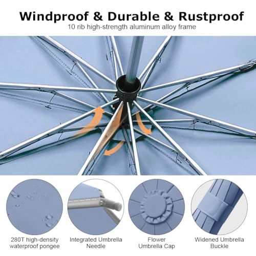 PALAY® 50 Large Umbrella with Reflective Strip Auto 3-Fold Compact Travel Carabiner Handle Reinforced 10 Dual Ribs Sun Protection 99 UV Rain Windproof for Men Women Blue 2 PCS