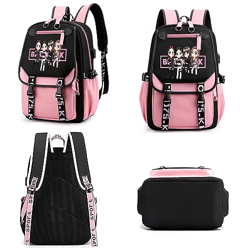 PALAY® Black Pink Bag for Girls School with USB Cable Jack Cute Backpacks Idol Print Design Laptop and Casual Student Accessories That Hold 16.8 Inch Books 2 PCS