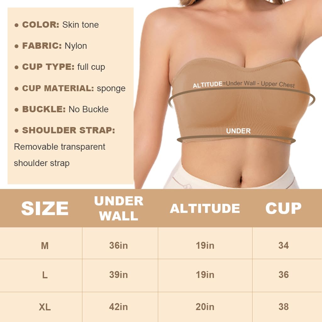 PALAY® Strapless Bra for Women Padded Non-strap Bra for Heavy Breast Off-Shoulder Bra Removable Breast Pads Design Non-slip Bra Casual Strapless Bra, XL
