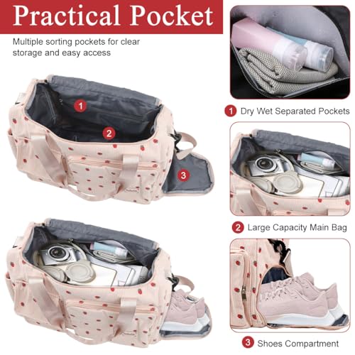 PALAY® Women Duffle Bag Gym with Shoe Compartment Cute Pink Strawberry Prints Corduroy Travel Removable Shoulder Strap Multi-Pocket for Camping 48x24x27cm 2PCS