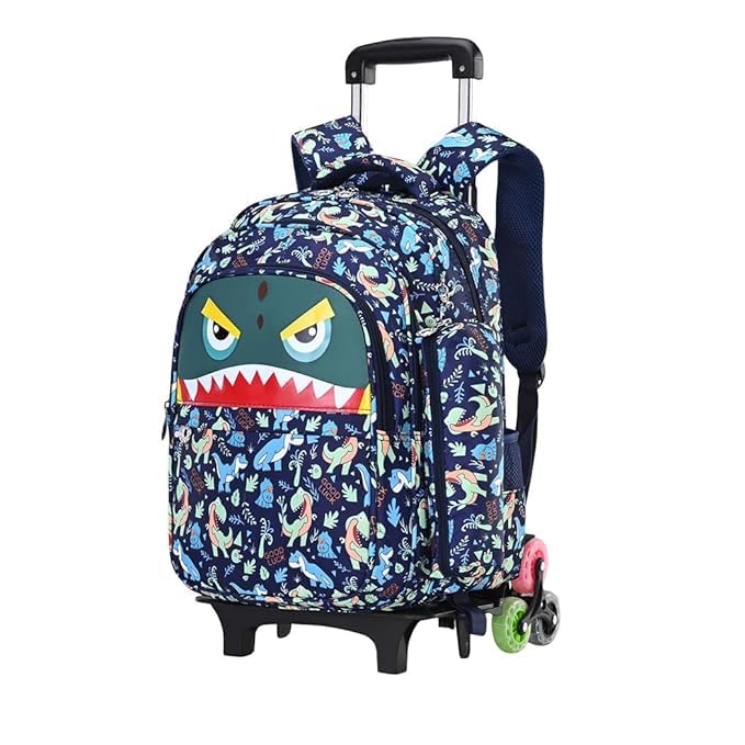 PALAY® Trolley School Bag Multi-colored Cartoon Dino Wheeled Bookbag with Pencil Bag Outdoor Waterproof 2-Wheel Backpack Multi-Compartments Polyester School Bag with Wheels