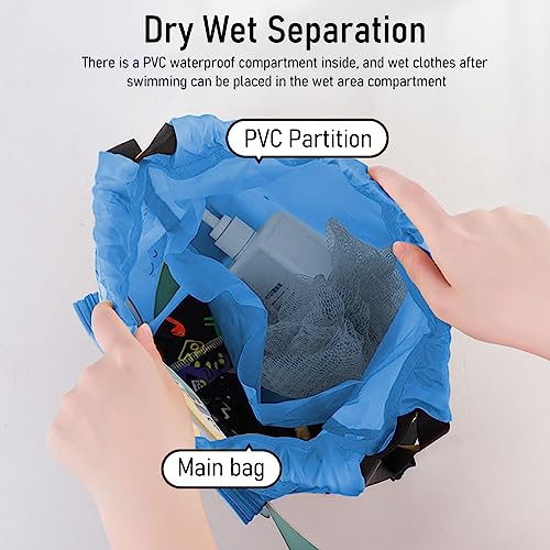 PALAY® Swimming Bag for Kids Cartoonish Print Shoulder Bag for Kids Large Capacity Backpack for Girls Boys Wet Dry Separation Drawstring Bag Beach Bag for Clothes, Swimming Goggles, Shoes, Blue