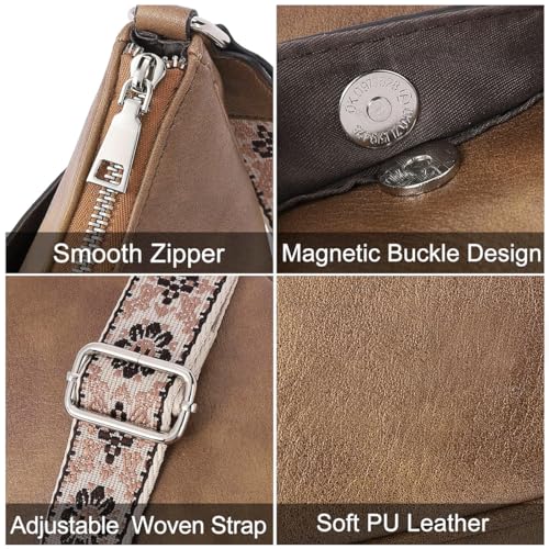 PALAY® Women Satchel Bag Fashion PU Solid Brown Crossbody Sling Shoulder with Woven Embossed Strap Casual Daily 2 PCS