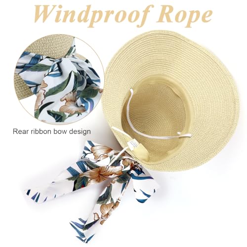 PALAY® Womens Straw Hat for Summer Wide Brim Sun Hats with Print Ribbon Fashion Beach Ladies Beige UV Protection Cap Lightweight Breathable 3 PCS