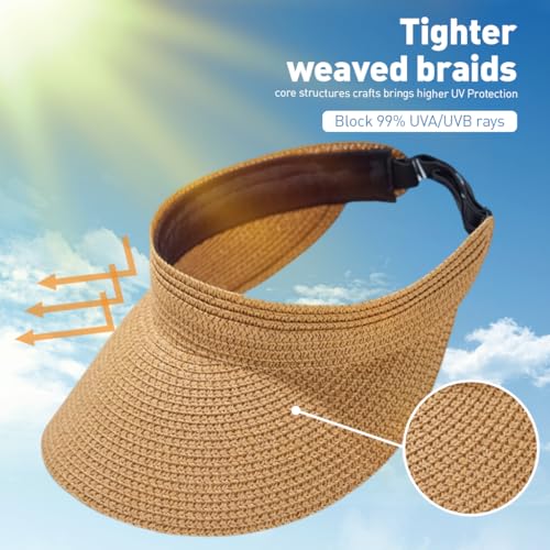 PALAY® Womens Sun Visor Hat Straw Visors for Summer Packable Ponytail Beach Hats Travel UPF 50 Khaki 2 PCS