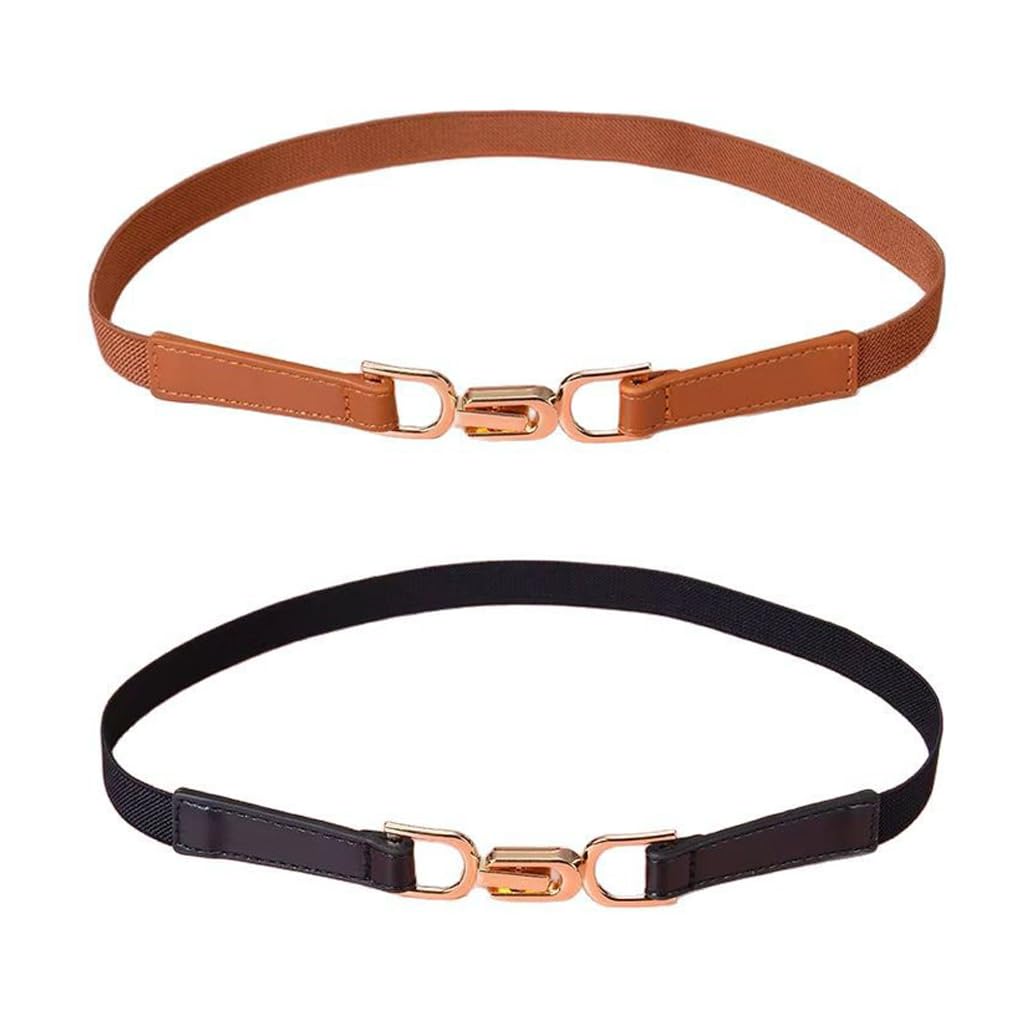 PALAY® 2pcs Women Classic Leather Belt With Square Gold Silver Buckle For Jeans Pants - Black & Brown