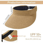 PALAY Womens Sun Visor Hat for Summer Travel with Adjustable Strap and UPF 50+ Straw Design | Khaki Beach Style