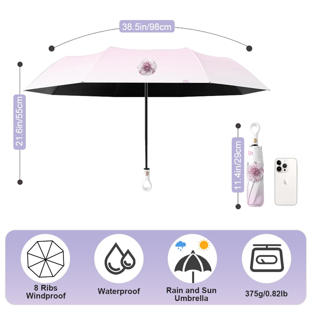 PALAY Compact Umbrella for Sun and Rain Protection with 8 Dual Ribs and Auto Open Close | Featuring UPF 50+ Black Coating and Flower Charm Strap