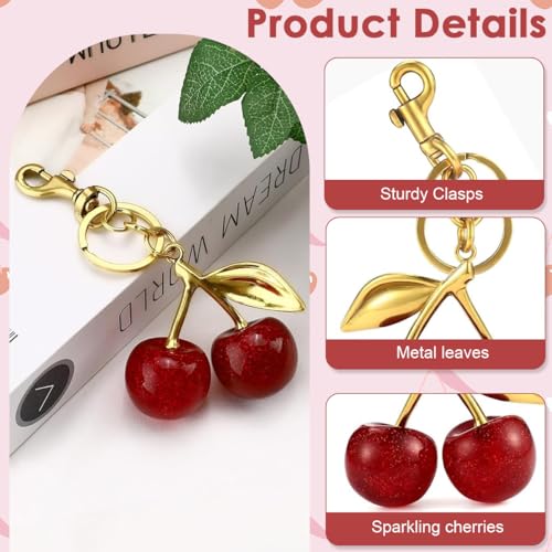 PALAY® Bag Charms Red Cherry Keychain with Gift Box Sweetly Gold Metal Keyring Glittering Cherry Pendant Bag Charm for Handbags Cute Key Chain for Girls Women