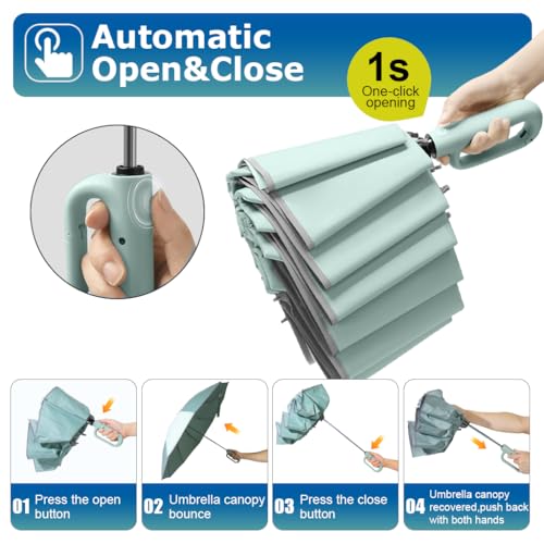 PALAY® 50 Large Umbrella with Reflective Strip Auto 3-Fold Compact Travel Umbrella Carabiner Handle Reinforced 10 Dual Ribs Sun Protection 99 UV Rain Windproof for Men Women Mint Green 3 PCS