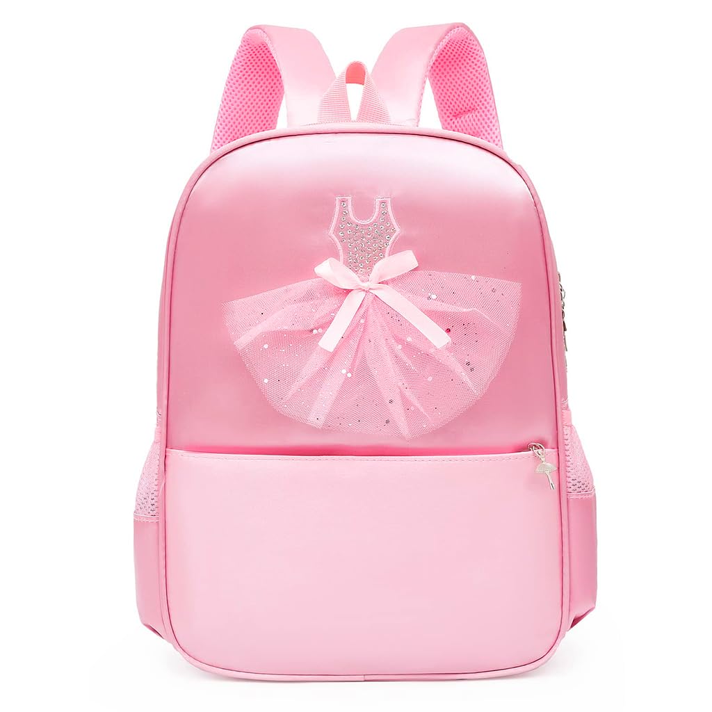 PALAY Girls Backpack for School and Travel with Writable Name Tag | Pink Nylon Ballet Dress Design