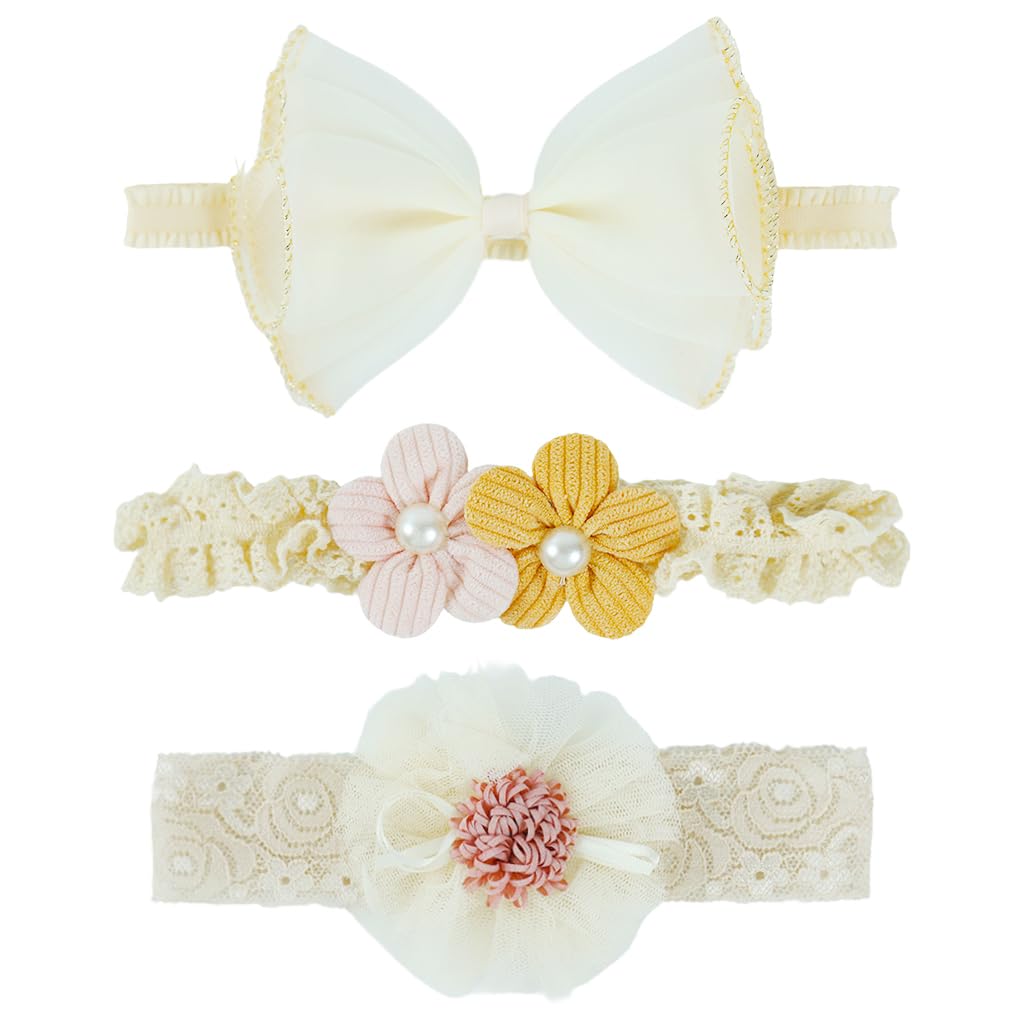 PALAY Baby Headband Set for Girls featuring Soft Elastic Nylon | 3Pcs Lace Bow Design