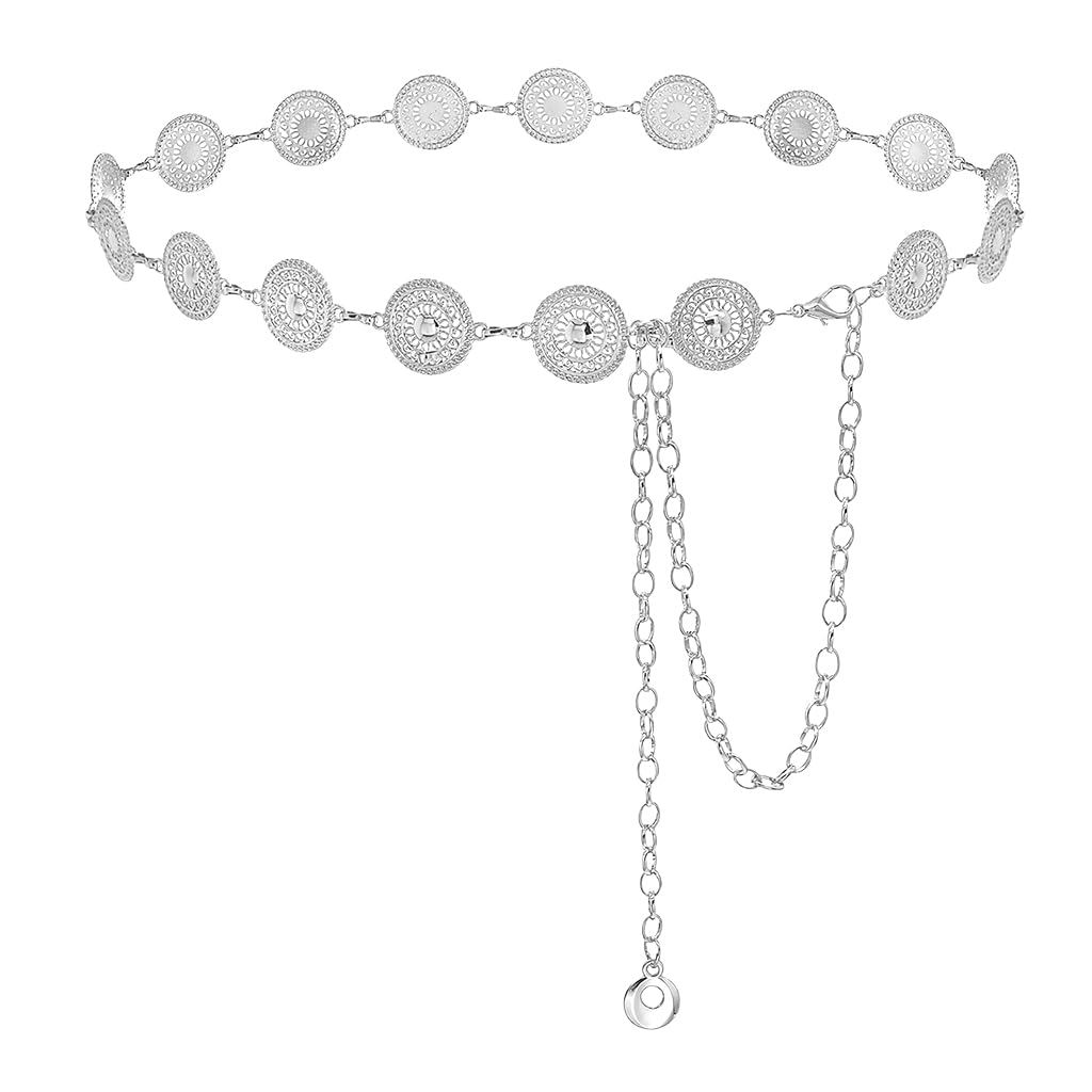 PALAY Belt for Women Dresses featuring Metal Concho Discs and Adjustable Waist Chain | Silver