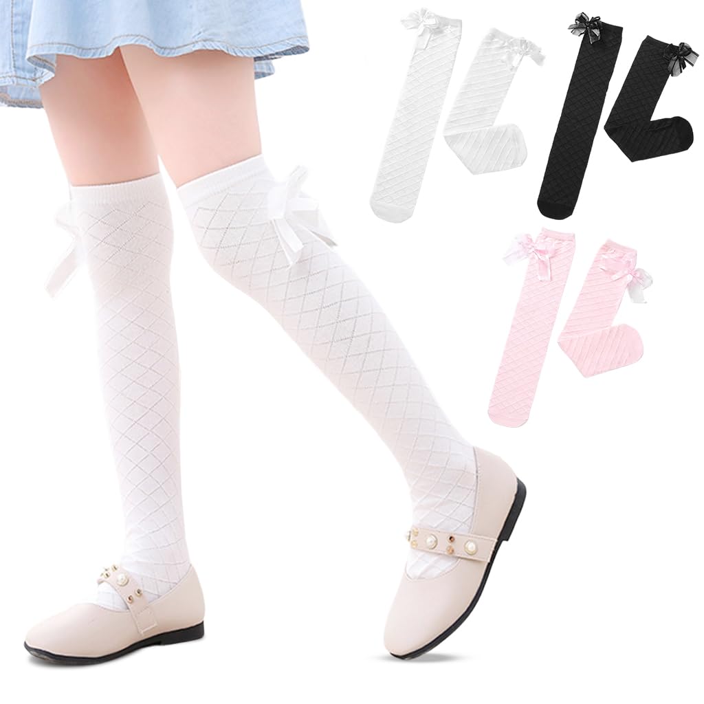 PALAY Girls Stockings for School Uniforms with 13.7 in Knee High Bow Design | Cotton Socks Ages 3–8
