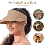 PALAY® Womens Sun Visor Hat Straw Visors for Summer Packable Ponytail Beach Hats Travel UPF 50 Khaki 2 PCS