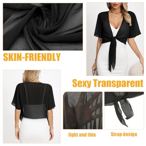 PALAY® Shrugs for Women Stylish Summer Cropped Cardigan, Western Party Chiffon Front Tie Beach Wear Cover Up Black Shrug for Women Dress - XL, Middle Sleeve