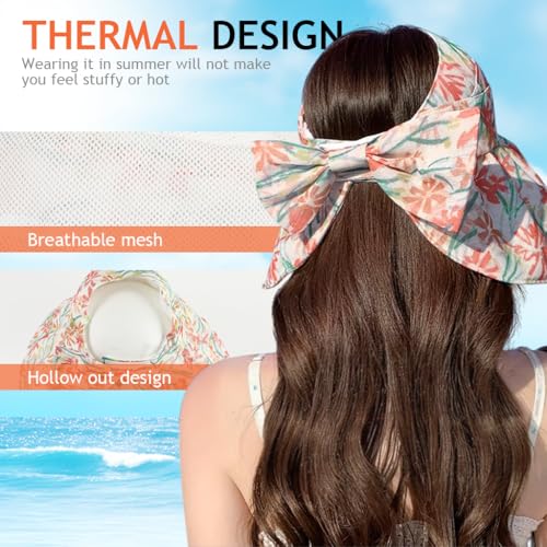 PALAY® Sun Hat for Women, Wide Brim Floral Print Beach Hat for Women with Chin Strap, Large Bow Packable Sun Protection Hats (Lightweight & Breathable) Red