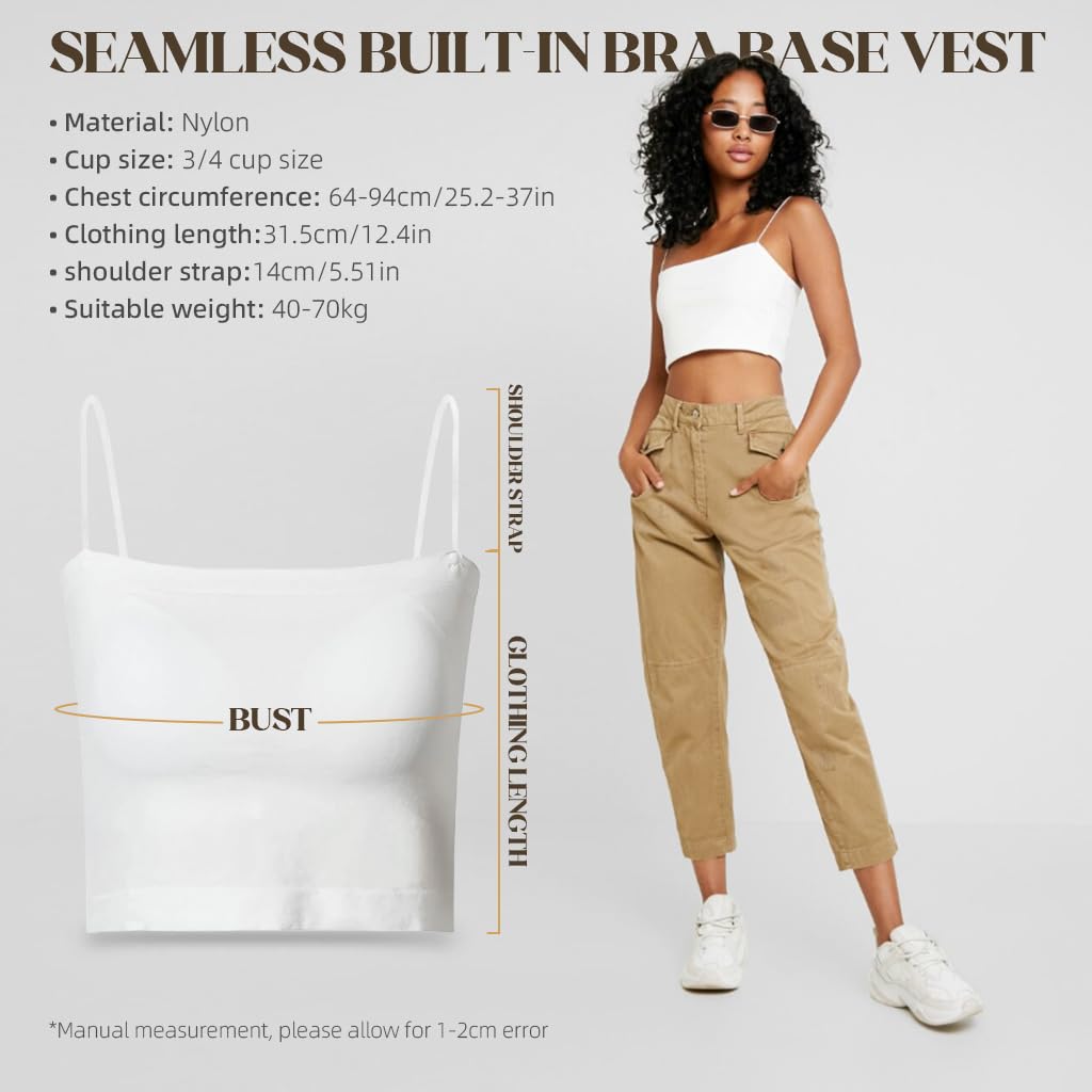 PALAY Women's Seamless Tank Top with Built in Bra featuring Cotton Spaghetti Straps in White