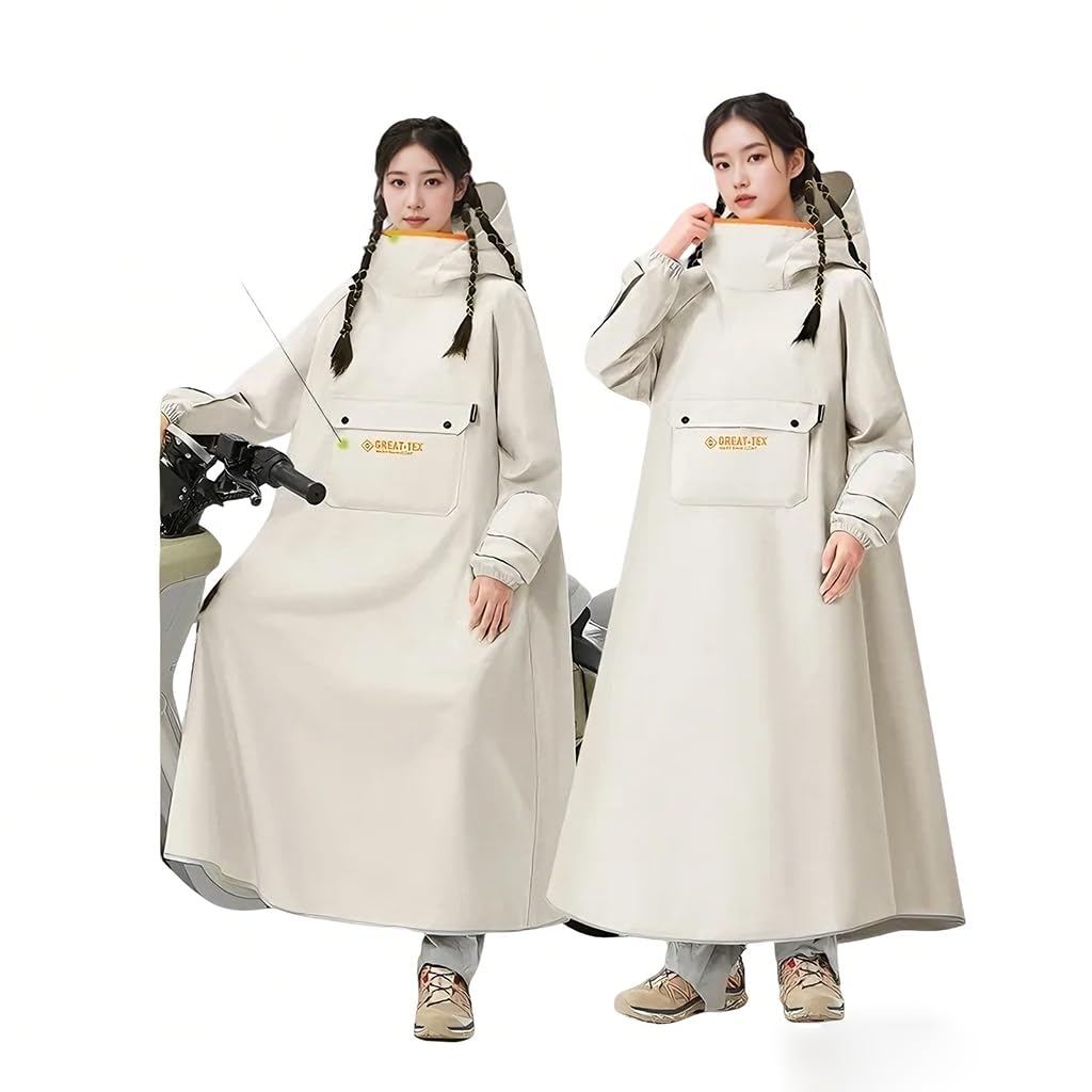 PALAY® High Collar Motorcycle Raincoat with Hood, Folding Hand Guard Flaps, PVC Full-Cover Riding Poncho with Front Pocket, Adult Women Raincoat for E-Bike, Scooter & Outdoor Riding, L, Beige