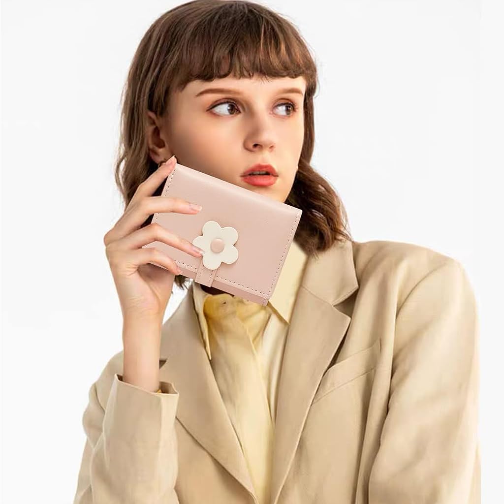 PALAY® Girls Wallet Women Wallet Pu Leather Card Holder Girls Wallet Cute Flower Snap Button Wallet With Lovely Heart Shaped Photo Window Gift Wallet For Girls Christmas Gift, Pink