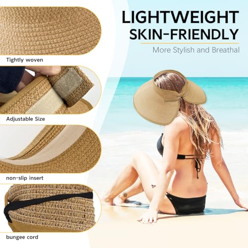 PALAY® Straw Hat for Women, Beach Hat Packable Summer Sun Hats for Women UV Protection, Portable Wide Brim Roll-up Foldable Outdoor Ladies Hats (Khaki)
