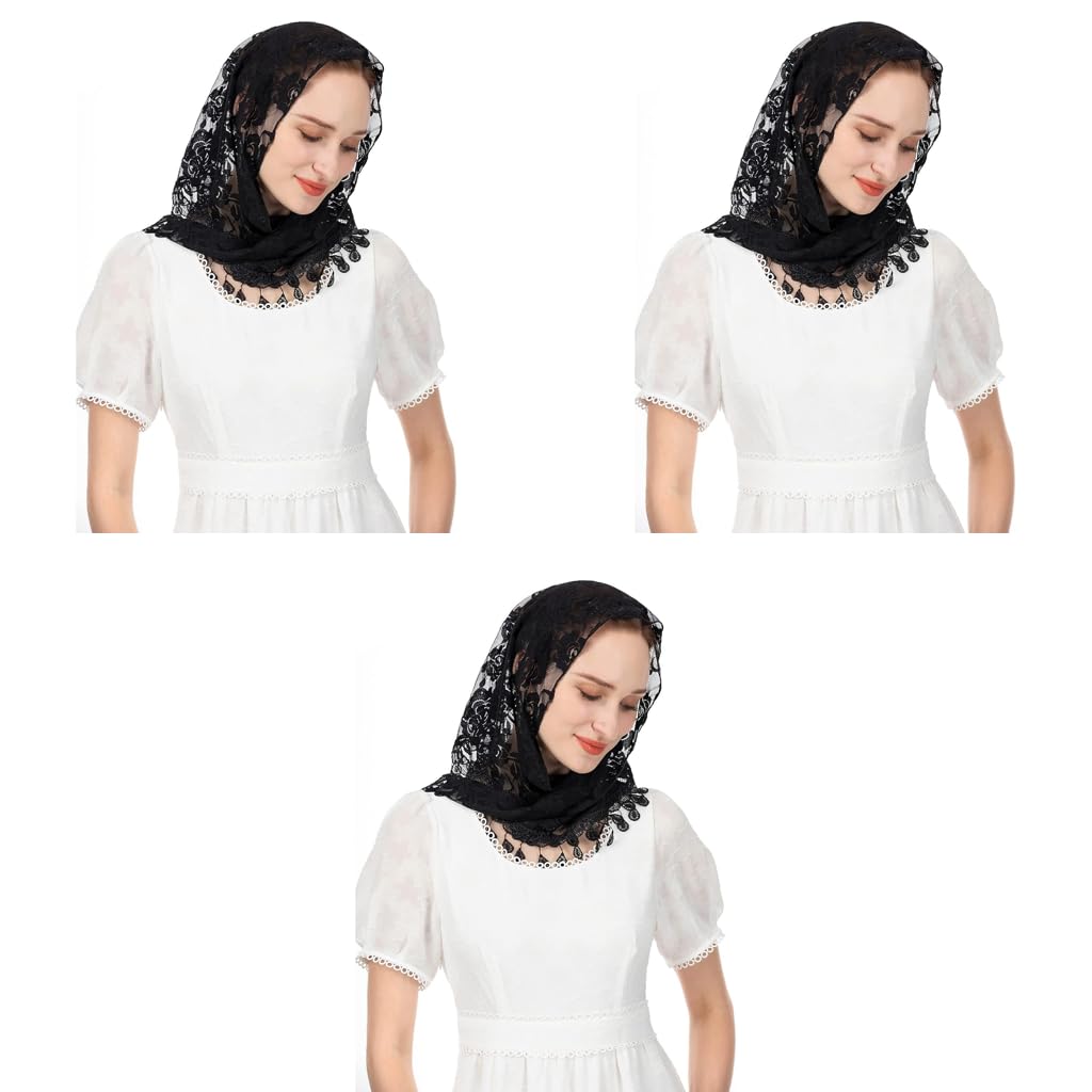 PALAY Triangle Lace Mantilla Veil for Church and Wedding featuring Rose Embroidery Tassel | 3PCS Black Set