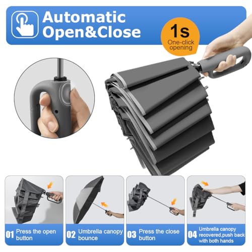 PALAY® Large Umbrella with Reflective Strip Auto 3-Fold Compact Travel Carabiner Handle Reinforced 10 Dual Ribs Sun Protection 99 UV Rain Windproof Men Women Grey 3PCS