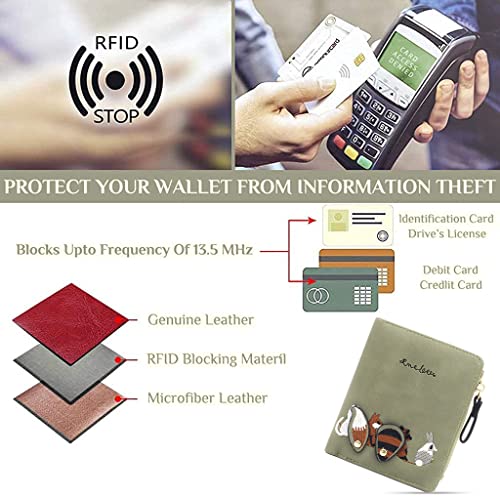 PALAY® Leather Wallets for Women Stylish Cute Mini Animals Embroidery Short Card Holder Billfold Purse Gift Girls Green 3 PCS