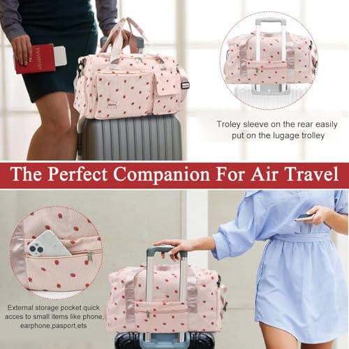 PALAY® Women Duffle Bag Gym with Shoe Compartment Cute Pink Strawberry Prints Corduroy Travel Removable Shoulder Strap Multi-Pocket for Camping 48x24x27cm 2PCS
