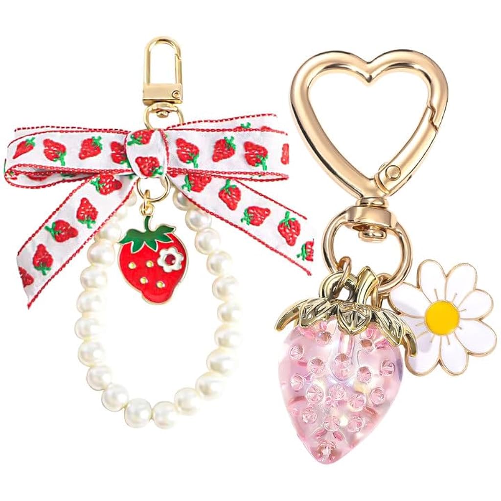 PALAY® 2Pcs Strawberry Keychain & Bag Charm Bow Pearl Beaded Bag Charm, Golden Metal Heart-shape Carabiner Acrylic Strawberry Keychain Charm Gift for Girls Decorative Charm for Keychain, Bag