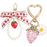 PALAY® 2Pcs Strawberry Keychain & Bag Charm Bow Pearl Beaded Bag Charm, Golden Metal Heart-shape Carabiner Acrylic Strawberry Keychain Charm Gift for Girls Decorative Charm for Keychain, Bag
