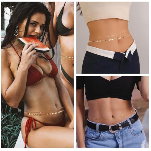 PALAY® Waist Chain for Women Sexy, Set of 2pcs Sequin Gold Plated Belly Waist Chains for Women, 2-Layered Beads Coin Chain Dainty Body Jewelry, Bikini Beach Wear - 39in Long, Adjustable