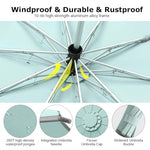 PALAY® 50 Large Umbrella with Reflective Strip Auto 3-Fold Compact Travel Umbrella Carabiner Handle Reinforced 10 Dual Ribs Sun Protection 99 UV Rain Windproof for Men Women Mint Green X 2 PCS