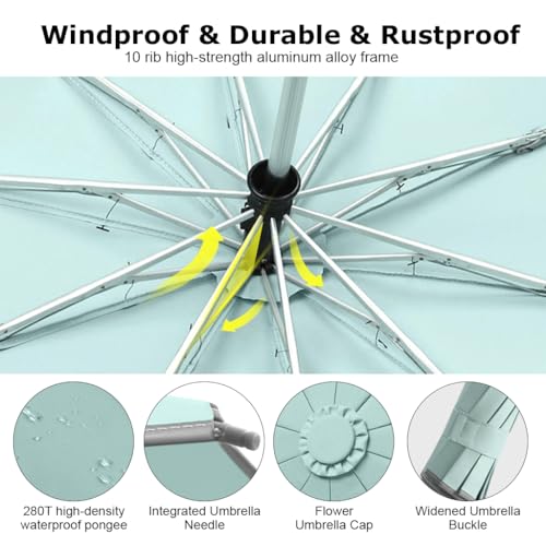 PALAY® 50 Large Umbrella with Reflective Strip Auto 3-Fold Compact Travel Umbrella Carabiner Handle Reinforced 10 Dual Ribs Sun Protection 99 UV Rain Windproof for Men Women Mint Green 3 PCS