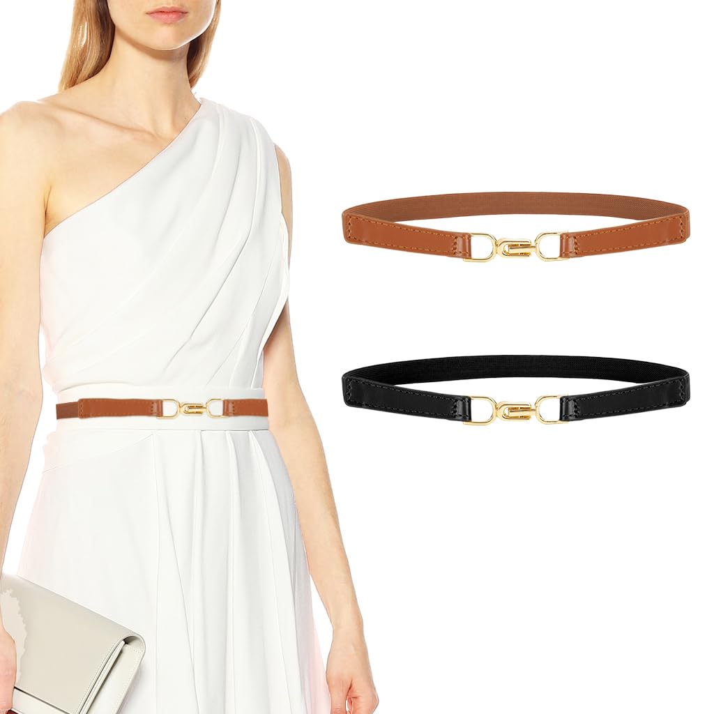 PALAY Waist Belt for Women Dresses with Metal Interlock Buckles, 2pcs Elastic PU Set | Black and Brown Slim Belts for Jeans and Blazers