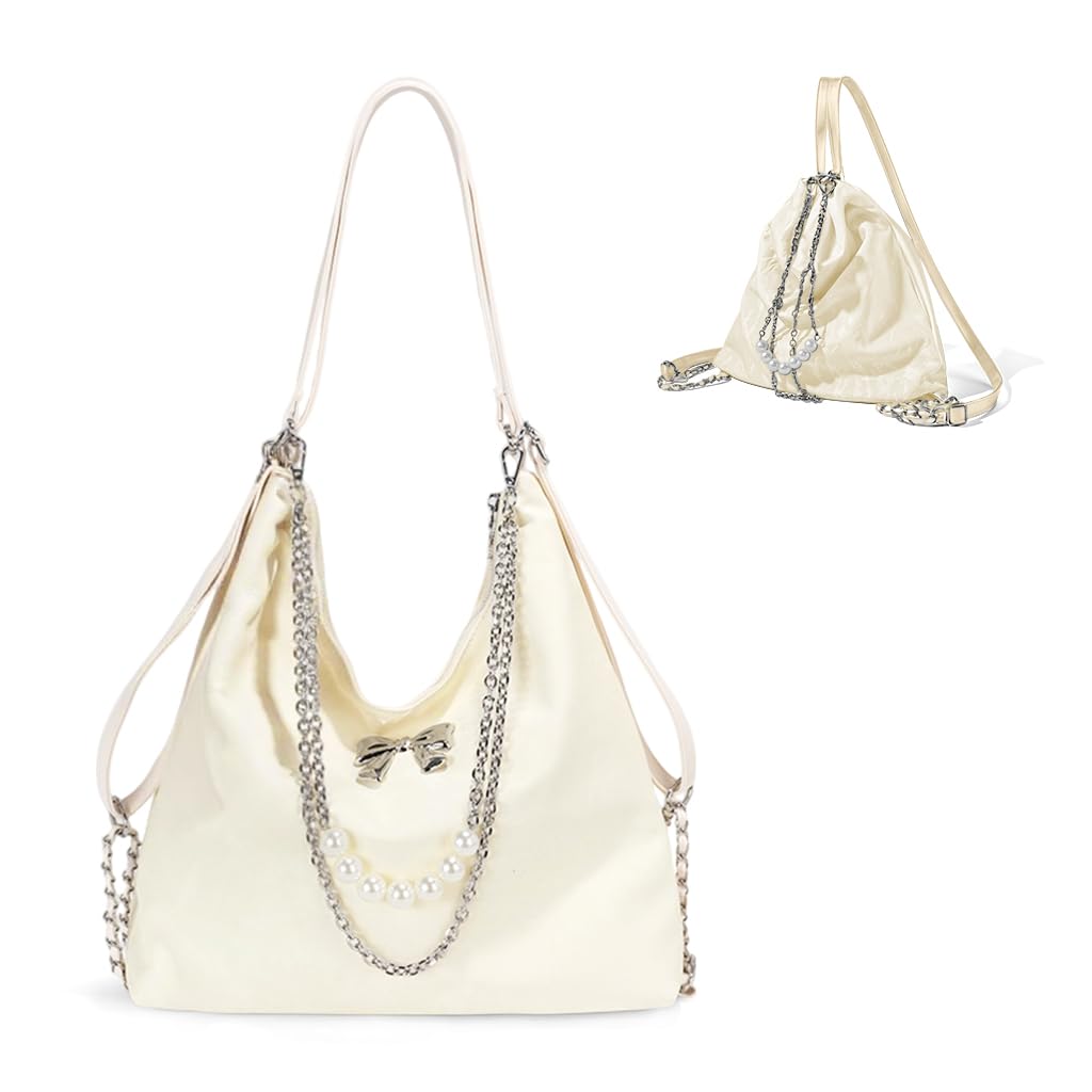 PALAY® Tote Bag for Women PU Hobo Bag Chic Bow Charm Chain Shoulder Bag Convertible Shoulder Bag Backpack Fashion Casual Hobo Bag, Beige
