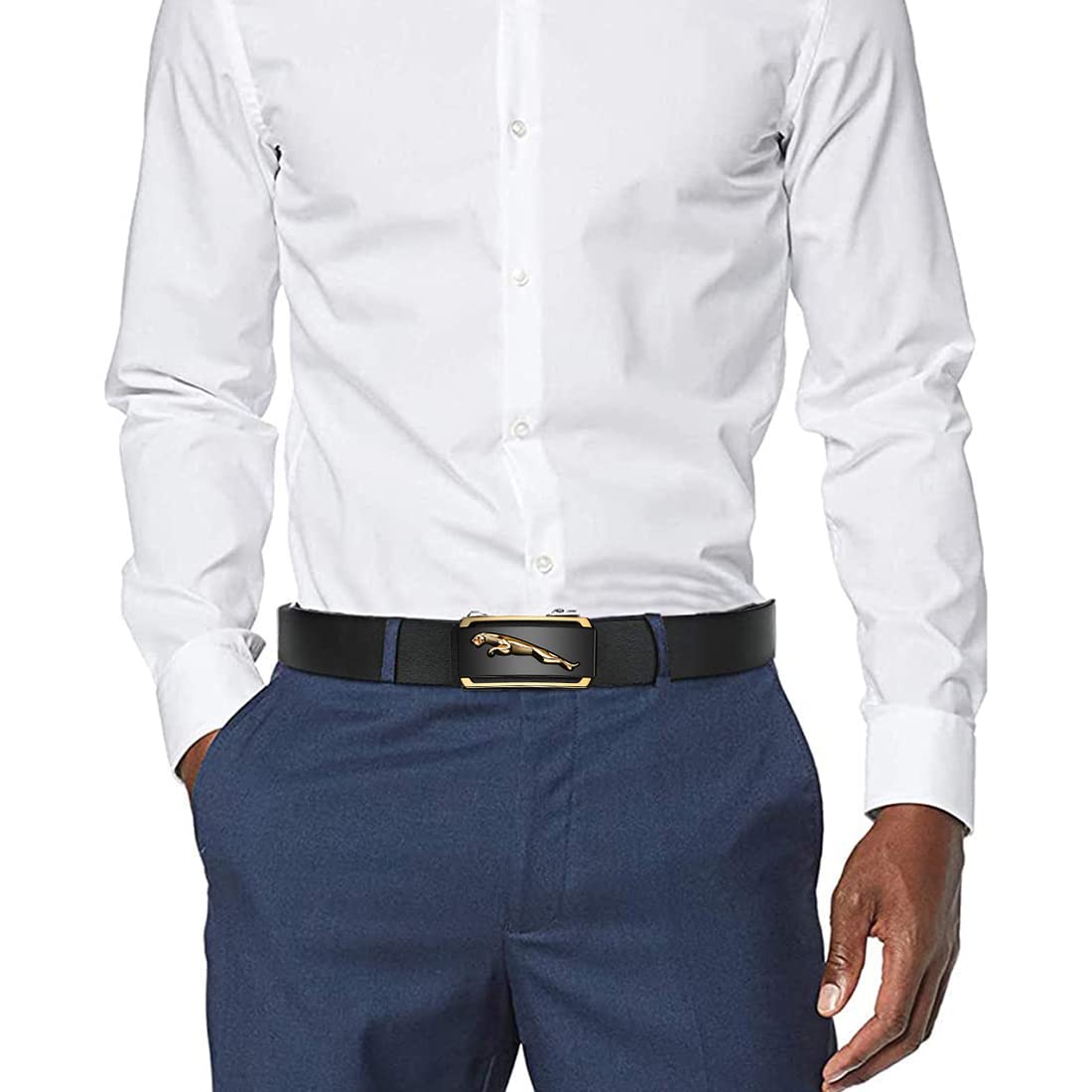 PALAY® Leather Belt Auto Adjustable with Lock Buckle for Men,Fashion Golden Leopard Pattern Design,Long 130cm