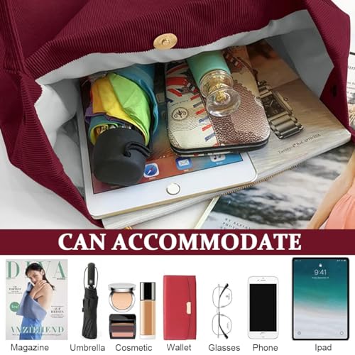 PALAY® Classic Tote Bag Corduroy Fashion Burgundy Large Hand Shoulder For Women Shopping Grocery Commuting 2PCS