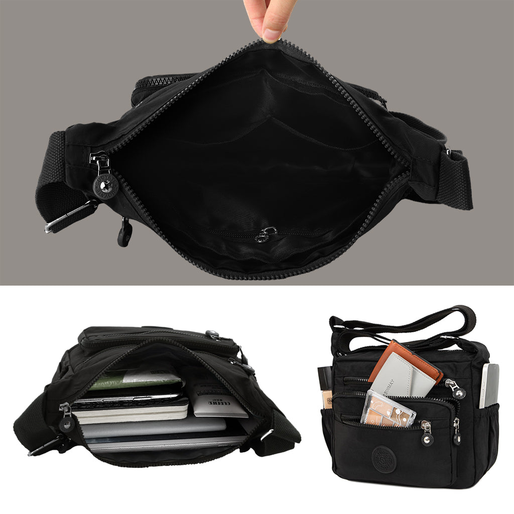 PALAY® Women Crossbody Bag Waterproof Nylon Multi-Layer Crossbody Bag Casual Satchel Bag Shoulder Bag Messenger Bag Travel Crossbody Bag, Black