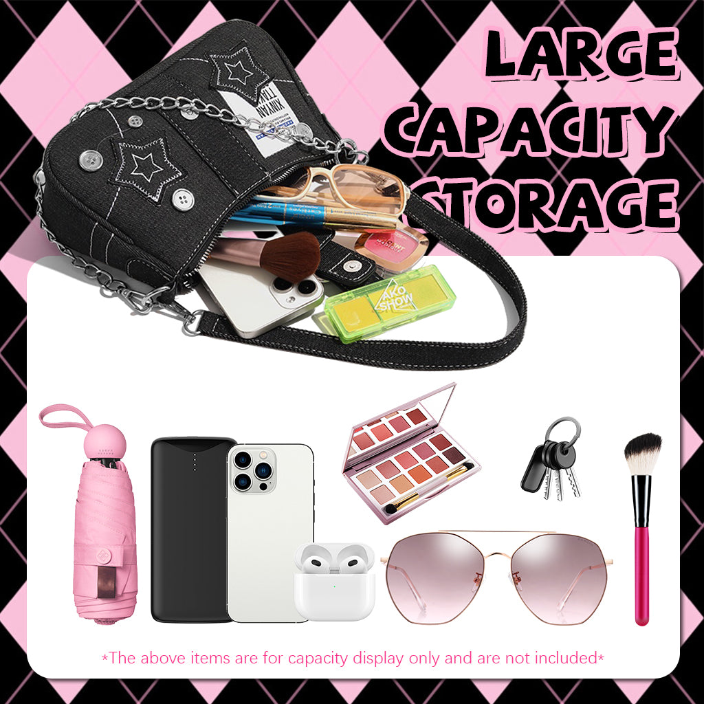 PALAY® Chic Shoulder Bag for Girls Canvas Handbag with Chain Charm Small Hobo Bag Stylishly Sweet Y2K Star Patchwork Letter Printed Handbag Casual Small Shoulder Zipper Bag, 23x7x13cm