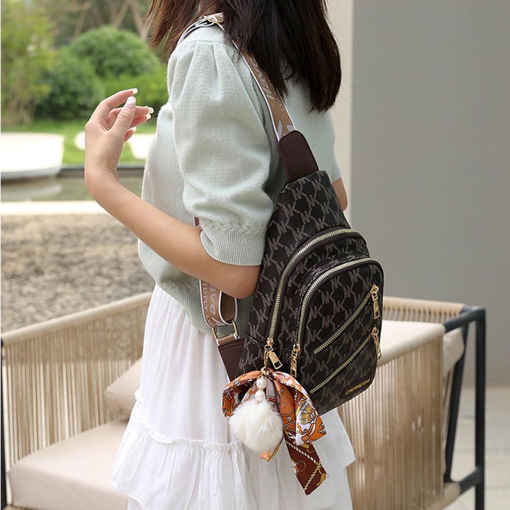 PALAY PU Chest Bag for Women featuring Multi Compartment Zip Up Design and Vintage Print | Travel and Casual Crossbody Sling 2 PCS