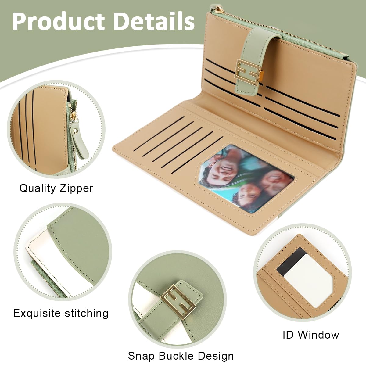 PALAY Women Purse with 11 Card Slots and Snap Button Closure | Mint Green PU Bifold Wallet 19x9.5cm