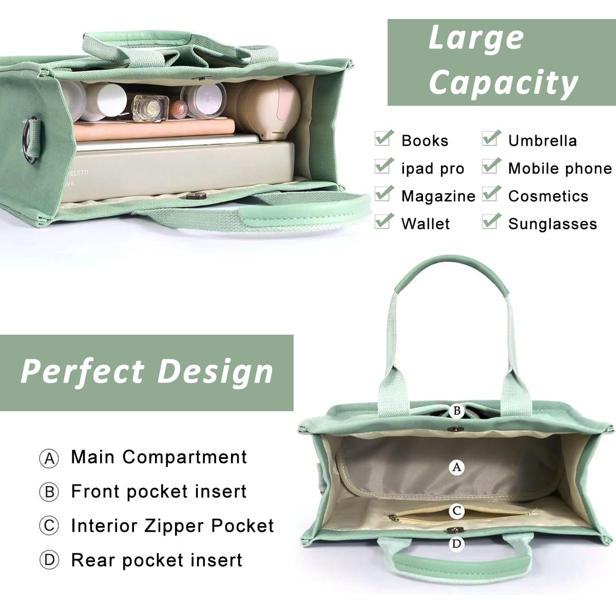 PALAY Tote Bag for Women with Multi Pocket Layout and Removable Shoulder Strap | Mint Green Canvas