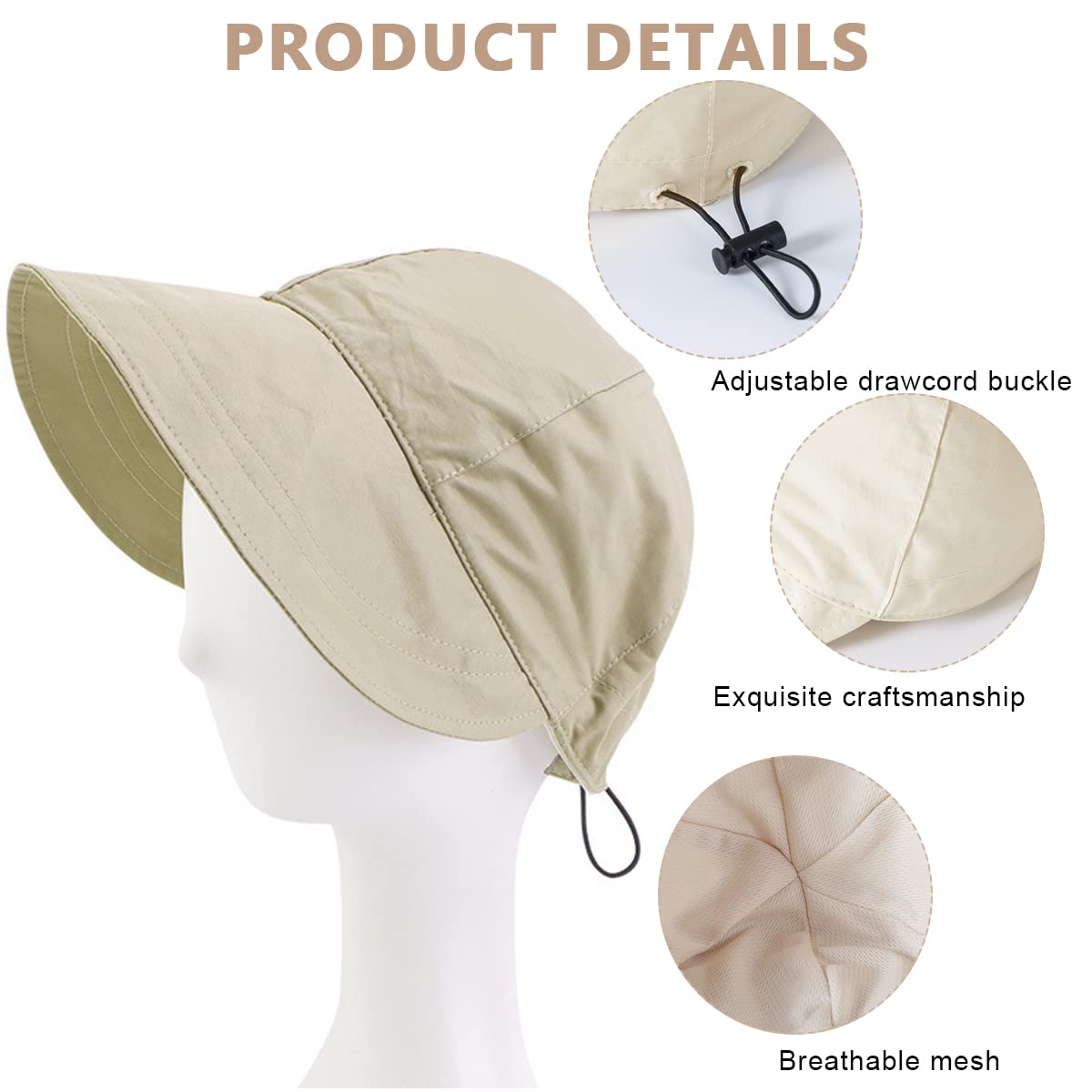 PALAY Polyester Wide Brim Hat for Women with Drawstring Closure and UV Protection | Beige Adjustable Sun Cap