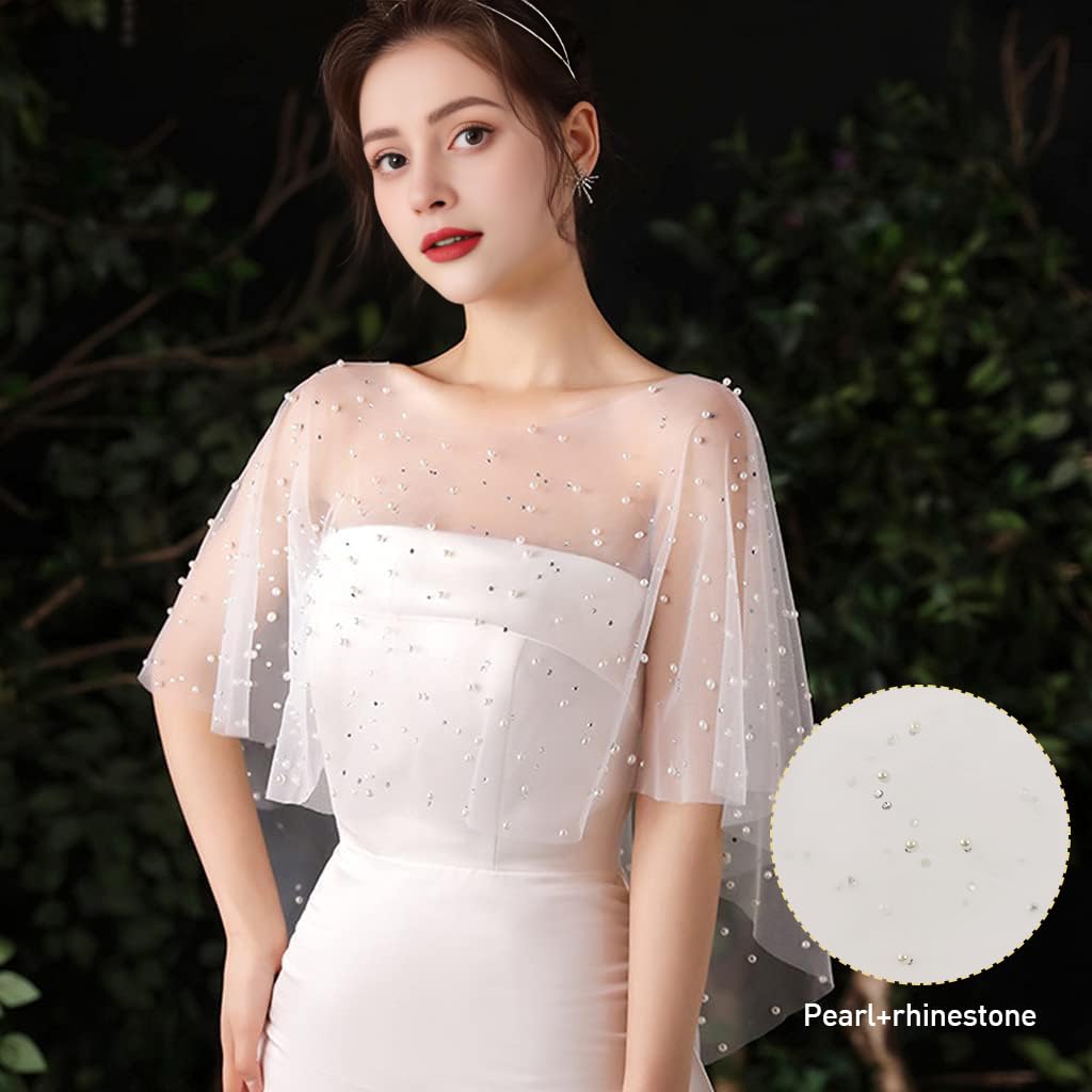 PALAY Pearl Shawl for Women featuring Tulle Lace and Pearls | Elegant White Wrap for Evening Dresses